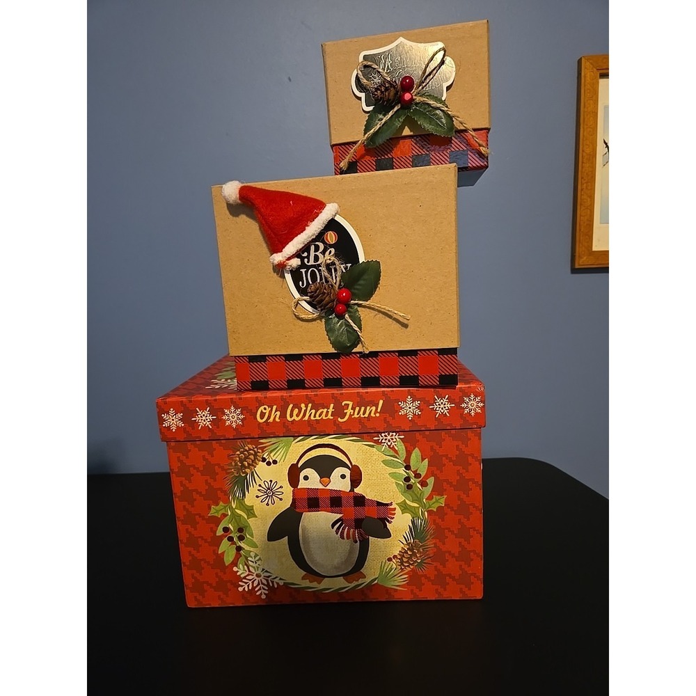 3PCS Christmas Nesting‎ Gift Boxes Lid  Xmas Nested Box Set 3 Sizes Stackable